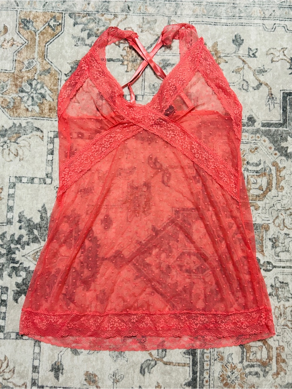Coral Pink Sheer Lace Chemise - Women's Intimates